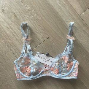 NWT xxs for love and lemons unlined baby blue bra with floral detail